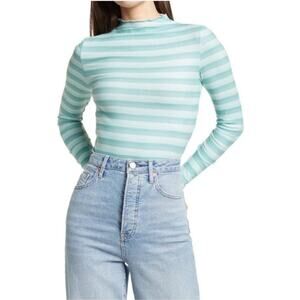 Cali Be Women's Green + White Striped Ribbed Mock Neck Long Sleeve Top Size S‎